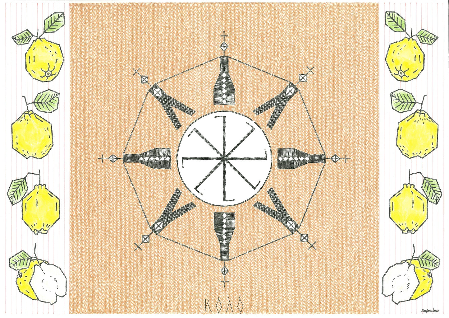 Détail de l'œuvre Kolo montrant la technique au marqueur fin sur papier Canson, danse traditionnelle serbe