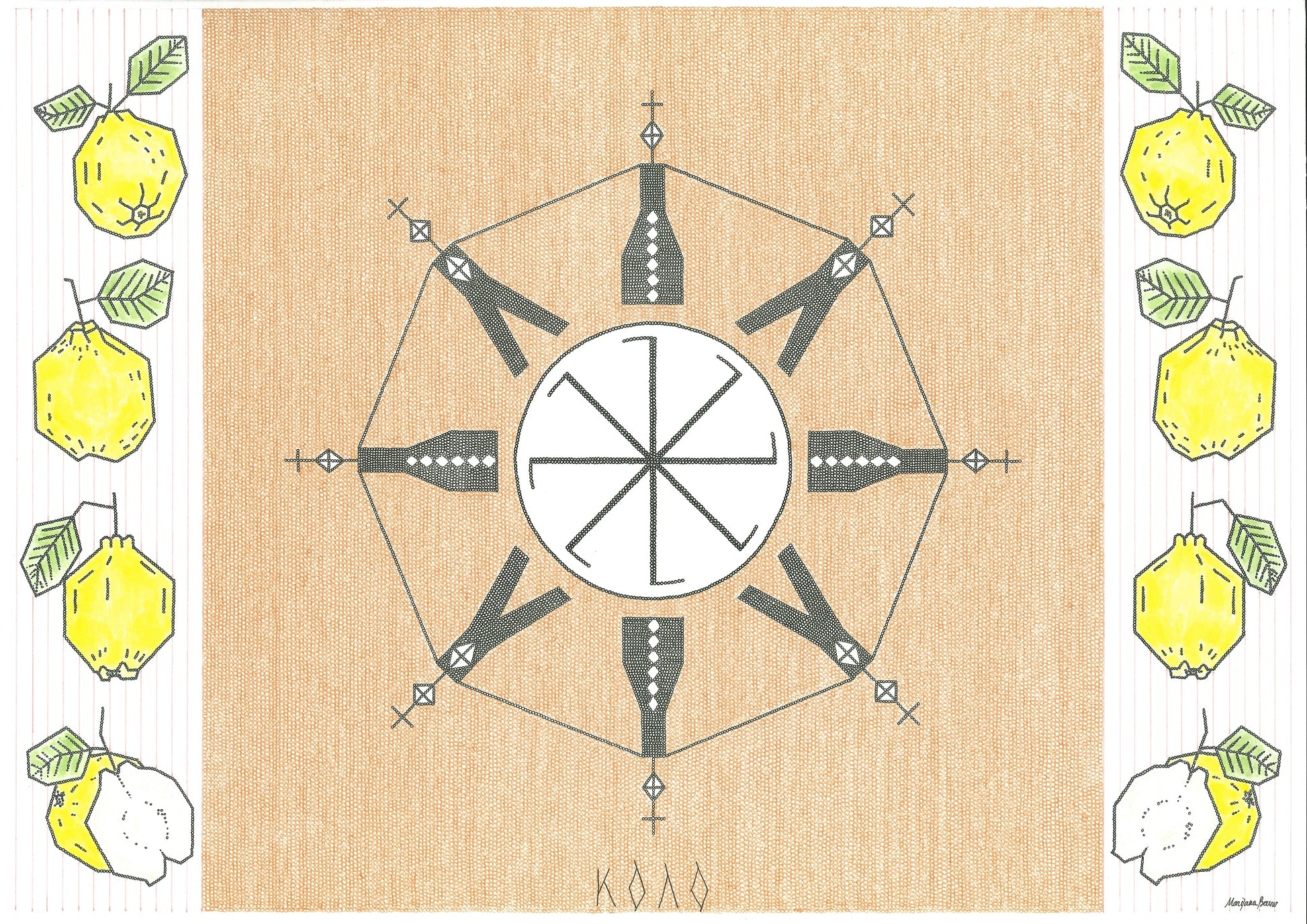 Détail de l'œuvre Kolo montrant la technique au marqueur fin sur papier Canson, danse traditionnelle serbe